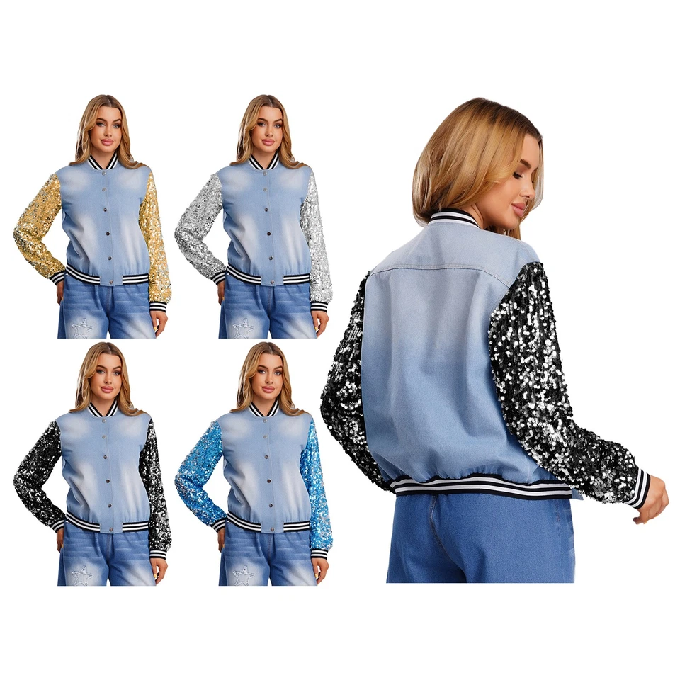 Jaqueta de beisebol feminina jeans lantejoulas brilhantes manga longa frente listrada com botões - Imagem 1 de 3