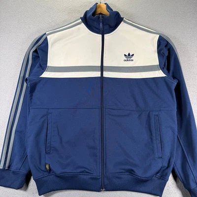 Jaqueta de atletismo vintage Adidas azul branca cinza zíper completo logotipo bordado masculina média - Imagem 1 de 4