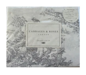 Cabbages & Roses, Luxurious, 100% Cotton, KING SHEET SET, Toile Slate Grey - Picture 1 of 10