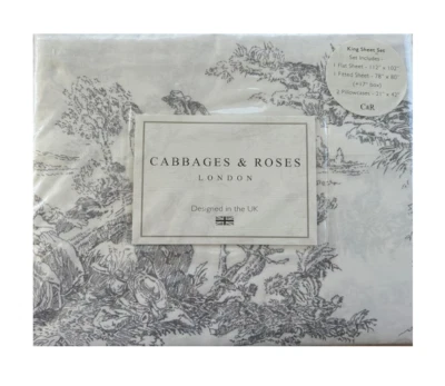 Cabbages & Roses, Luxurious, 100% Cotton,  KING  SHEET SET, Toile Slate Grey - Image 1 of 4