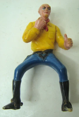 Винтажная фигурка ковбоя вестерн жесткая пластина позиционирование для верховой езды желто-синяя 4 дюйма - Изображение 1 из 4