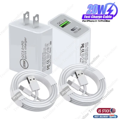 For iPhone 14 13 12 11 8 7 6 SE USB Fast Charger Cable QC Type C Wall Adapter US - Image 1 of 4
