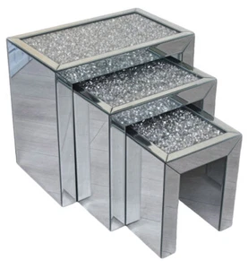 Mirrored Furniture 3 Nesting Tables Coffee Crushed Crystal Diamond 3er Set - Picture 1 of 6