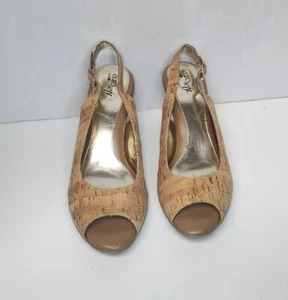 Euro Soft by Sofft Sling Back Peep Toe Heels Cork Uppers with Gold Flecks 10 M - Picture 1 of 9