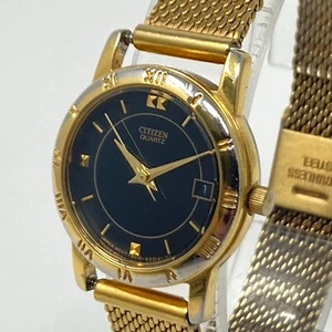 Vintage Citizen Watch Women Gold Tone 24mm Black Dial Date Mesh Band New Battery - Picture 1 of 19