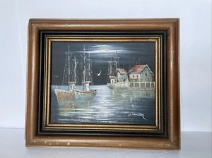 Vintage Signed Oil on Canvas Fishing Boat Harbor Framed Small Painting - Picture 1 of 10