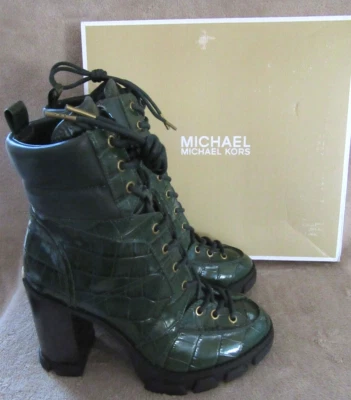 MICHAEL KORS Ridley Lace Embossed Croc Leather Moss Green Boots Shoes US 8 M NWB - Image 1 of 4