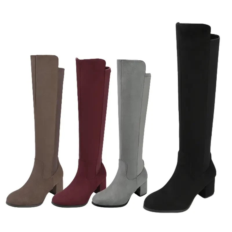 Women Suede Stretch Knee High Boots Heel Chunky Shoes Size US - Image 1 of 1