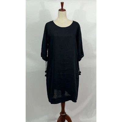 MUSE Australia Sz XS Black 100% Linen Tie Arm Detail 3/4 Sleeve Dress Lagenlook - Image 1 of 4