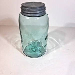 Antiguo tarro de albañil bola 1900-1910 azul aguamarina triple L posterior tapa de zinc burbujas - Imagen 1 de 9