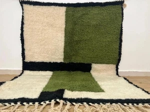Moroccan Berber Beni Ourain Wool Rug Color Green & Black Design Area Carpet Rug - Picture 1 of 6