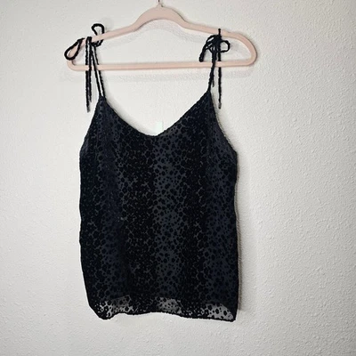 PAIGE Negro Terciopelo Burnout Leopardo Estampado Cami Top Talla L Corbata Hombro Mezcla Seda Foto 1 de 4