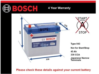 Battery fits TOYOTA RAV4 1.8 2.0 94 to 13 Bosch 043 330A 45Ah 4Yr Warranty New - Image 1 of 4