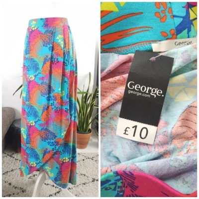 16, George, Blue Red​ Orange Tropical Long Skirt, Wrap Front Slit, Elasticated - Image 1 of 4