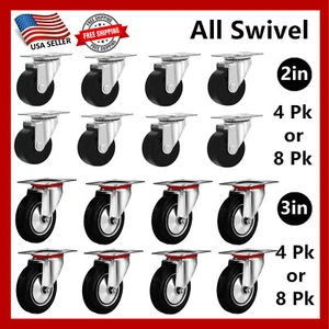 4-8 Pk of 2" & 3" Swivel Caster Wheels Rubber Base Top Plate Bearing Heavy Duty - Picture 1 of 11