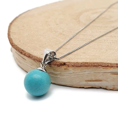 Turquoise Necklace Blue Gemstone Ball Pendant Chakra 925 Sterling Silver Chain - Image 1 of 4