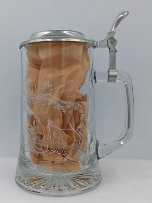 Vintage Domex Beer Stein Mug Etched Clear Glass Zinc Flip Top Bear Moose Trees - Image 1 of 4