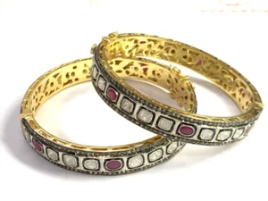 Natural Rosecut Diamond Polki Ruby Handmade Wedding Victorian Silver Bangle - Picture 1 of 1