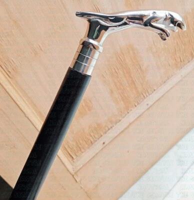 New Silver Brass Jaguar Handle Black 3Fold Wooden Walking Stick Cane Men Women - Image 1 of 4