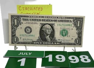 One Dollar Bill Birthday July 1 1998. Near Uncirculated. Fancy Serial Number - Picture 1 of 9