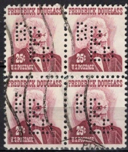 Perfins USA 1965, Sc1290 4x 25c Frederick Douglass. Used BdEd - Picture 1 of 3