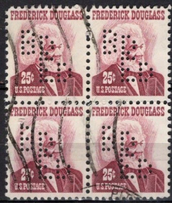 Perfins USA 1965, Sc1290 4x 25c Frederick Douglass. Used BdEd - Image 1 of 3