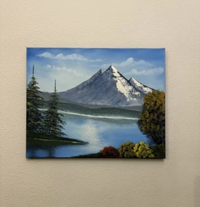 Bob Ross style original mountain landscape oil painting on canvas 16x20 Inch - Picture 1 of 5