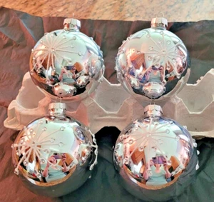 Set of 4 - Sliver 2" Glass Ornaments Embellished with White and Clear Snowflakes - Picture 1 of 3