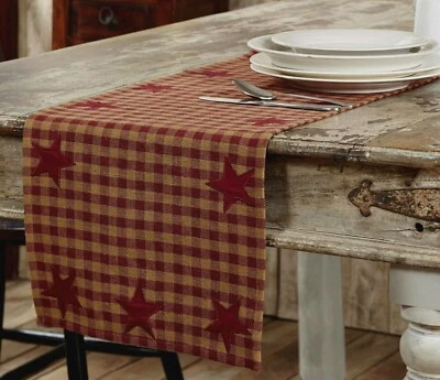36" L Burgundy Star Patch Rustic Country Table Runner Primitive Dark Tan Checks - Image 1 of 4