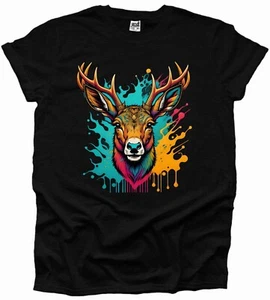Wild Deer Antlers Abstract Art Rainbow Painted Animal Men Woman Unisex Tshirt UK - Picture 1 of 7