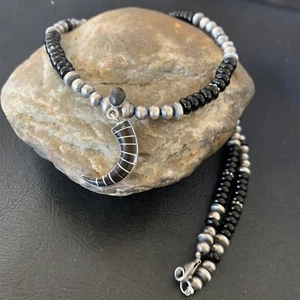 Collar Navajo colgante con incrustaciones de ónix negro cuentas de plata de ley 12281 - Imagen 1 de 12
