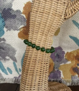 7” Dark Green Jade Beads Vintage Bracelet Fish Hook Clasps - Picture 1 of 3
