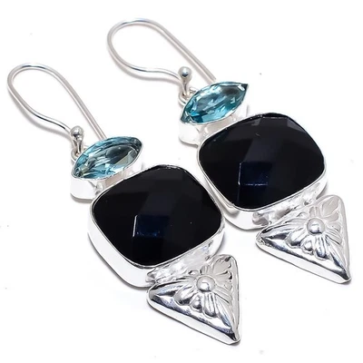 Orecchini In Argento Sterling 925 Con Gemme Di Onice Nero E Topazio Blu 2.3" - Immagine 1 di 4