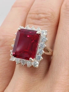 Lab Created Red Ruby 4Ct Emerald Cut Halo Engagement Ring 14K White Gold Plated - Picture 1 of 7