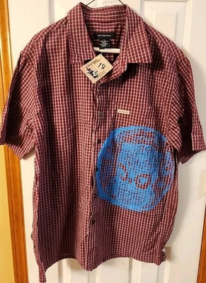 Calvin Klein Jeans Mens Cotton SS Button Up Burgundy Red Plaid custom Large Read - Image 1 of 4