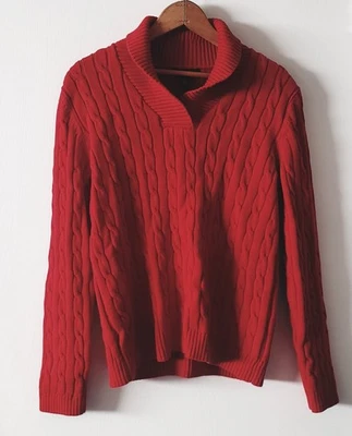 Suéter tejido con cable cuello chal rojo liso manga larga XL Chaps para mujer Foto 1 de 4