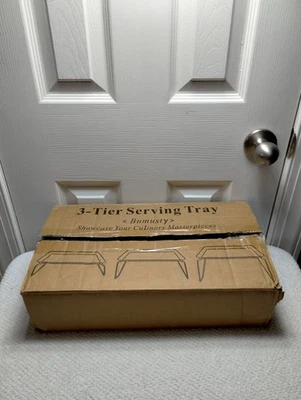 3 Tier Plastic Serving Tray Set w/ Collapsible Metal Stand 17"x8.7" Platters-kk - Image 1 of 4