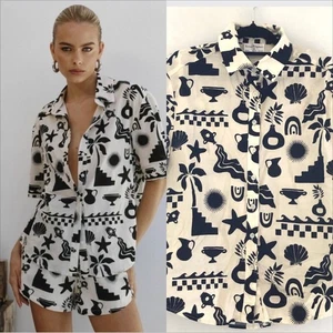 Camisa Seven Wonders XS 8 Nammos Manga Corta Calce Relajado Top Beige Negro PVP $99 - Imagen 1 de 10