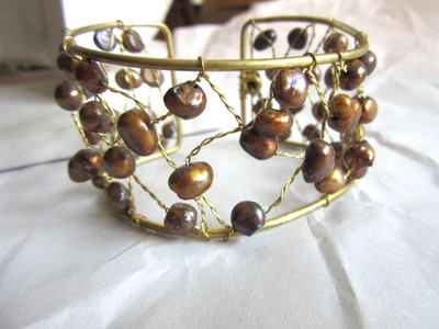 Gold and Bronze colored freshwater pearl beaded wired cuff bracelet - Image 1 of 4
