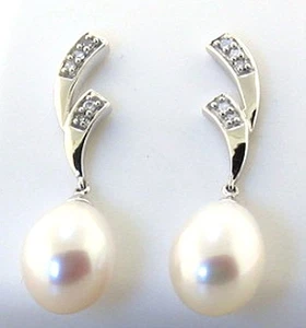 AAA 8X10MM FW Pearl & Diamond Earrings 14K White Gold, New - Picture 1 of 1