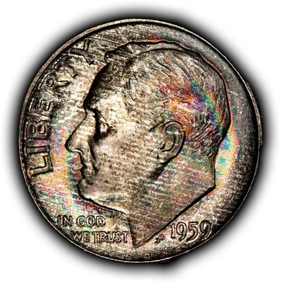 1959 10c Silver Roosevelt Dime - PQ Textile Rainbow Toning - BU - SKU-Z6366 - Image 1 of 4