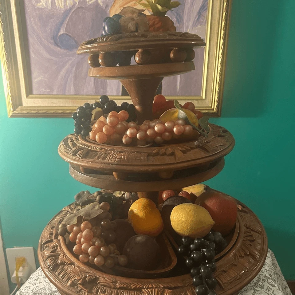 Vintage MCM Handcarved Wood 3 Tiered Lazy Susan Faux Fruit 60s Monkeypod - Image 1 of 4