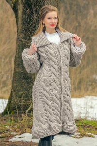 Beige wool cardigan long thick sweater hand knitted cable knit coat SUPERTANYA - Picture 1 of 12