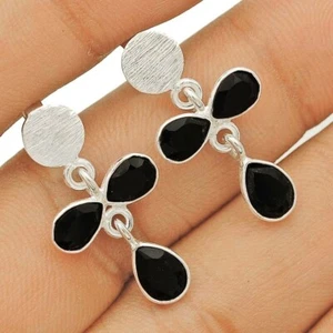 Natural Faceted Black Tourmaline 925 Sterling Silver Earrings 1'' Long @17-8 - Picture 1 of 2