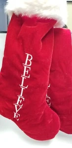 Pair of two Believe Christmas Stocking Red with white faux fur Holiday embroider - Picture 1 of 9