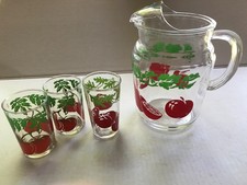 Hazel Atlas Tomato Juice Pitcher & 3 Juice Glasses