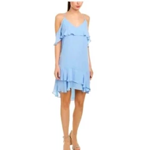 Parker Thatcher $288 Cold Shoulder Ruffled Mini Dress light Blue XS NWT - Picture 1 of 16