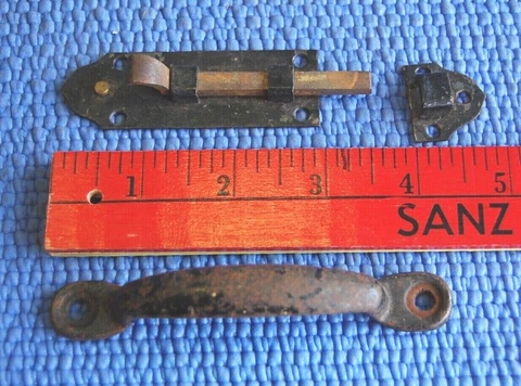 Antique Iron Steel Cabinet Latch Slide Bar & Catch & Pull Handle Primitive Set Cover