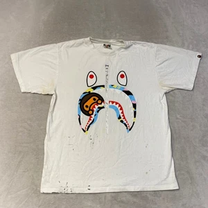 T-shirt grafica BAPE A Bathing Ape viso di squalo bianca uomo taglia L MACCHIE invecchiate - Foto 1 di 11