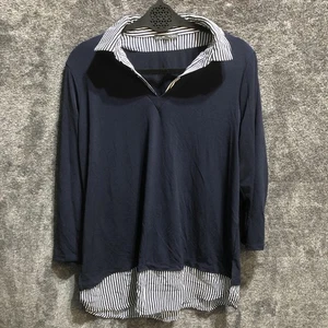 Adrianna Papell Shirt Damen Large dunkelblau gestreift Kragen Saum Tunika Top - Bild 1 von 9